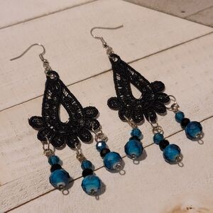 Handmade Black Lace Embroidered Earrings with Blue Bead Dangles